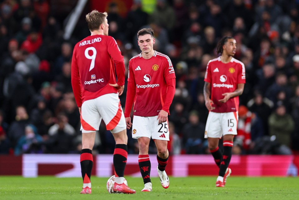 MANCHESTER, ENGLAND - FEBRUARY 7:  A dejected Manuel Ugarte of Manchester United during the Emirates FA Cup Fourth Round match between Manchester United and Leicester City at Old Trafford on February 7, 2025 in Manchester, England. (Photo by Robbie Jay Barratt - AMA/Getty Images)