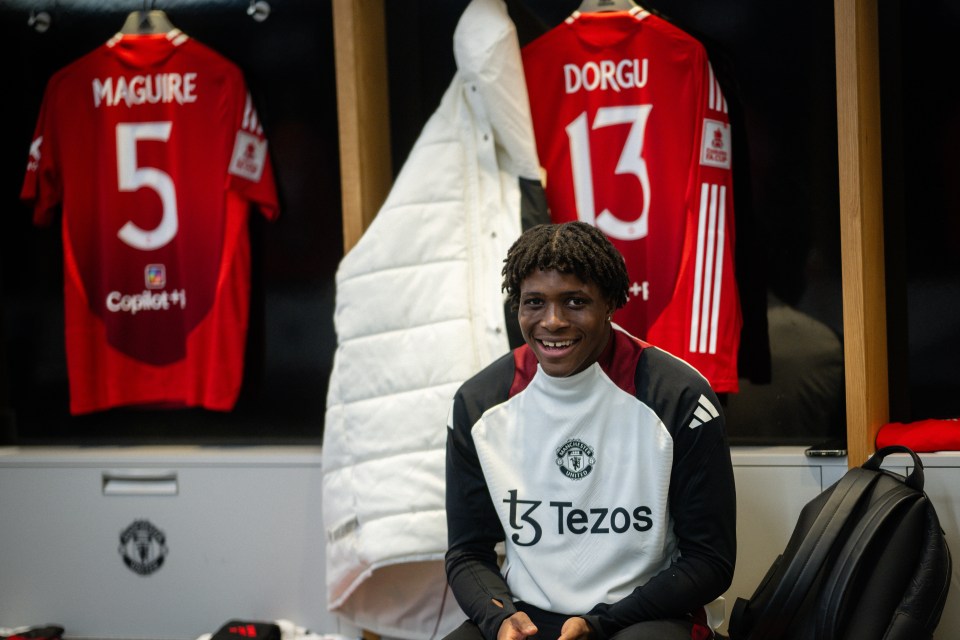 MANCHESTER, ENGLAND - FEBRUARY 07: Patrick Dorgu of Manchester United reacts inside the dressing room ahead of the Emirates FA Cup Fourth Round match between Manchester United and Leicester City at Old Trafford on February 07, 2025 in Manchester, England. (Photo by Ash Donelon/Manchester United via Getty Images)