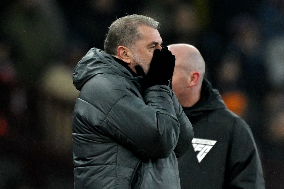 BIRMINGHAM, ENGLAND - FEBRUARY 09: Ange Postecoglou, Manager of Tottenham Hotspur, reacts during the Emirates FA Cup Fourth Round match between Aston Villa and Tottenham Hotspur at Villa Park on February 09, 2025 in Birmingham, England. (Photo by Clive Mason/Getty Images)