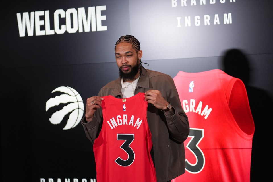 TORONTO, CANADA - FEBRUARY 12 :  Brandon Ingram attends an introductory press conference ahead of NBA basketball game between Toronto Raptors and Cleveland Cavaliers at the Scotiabank Arena on February 12, 2025 in Toronto, Ontario, Canada. Brandon Ingram has agreed to a three-year contract extension deal worth $120 million with the Toronto Raptors. (Photo by Mert Alper Derv/Anadolu via Getty Images)