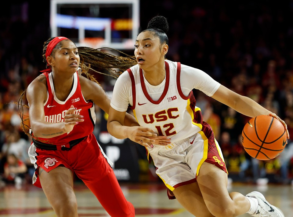 USC Trojans' JuJu Watkins #12 dribbling the basketball during a game against Ohio State.