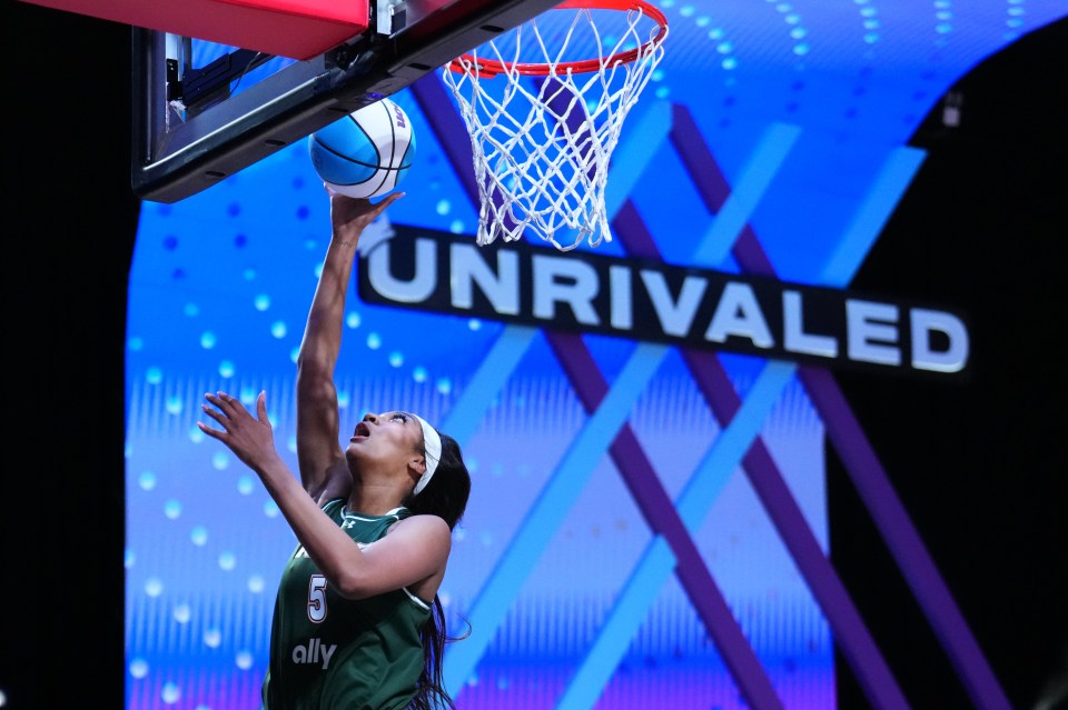 MEDLEY, FLORIDA - FEBRUARY 21: Angel Reese #5 of Rose goes up for a shot against the Lunar Owls during the second half at Wayfair Arena on February 21, 2025 in Medley, Florida. (Photo by Rich Storry/Getty Images)