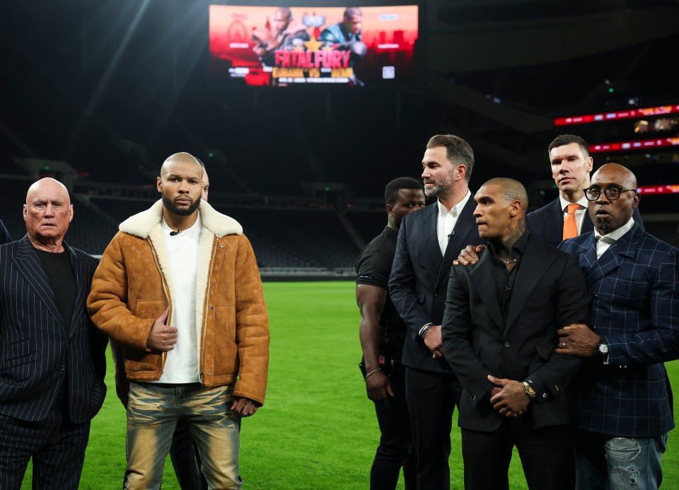 LONDON, ENGLAND - FEBRUARY 27: Chris Eubank Jr and Conor Benn Face Off On the Pitch after todays Press Conference announcing the Eubank v Benn fight in April.  on February 27, 2025 in London, England.  (Photo by Mark Robinson/Matchroom Boxing/Getty Images)