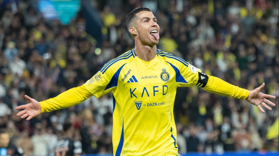 RIYADH, SAUDI ARABIA - FEBRUARY 7: Cristiano Ronaldo  of Al-Nassr FC celebrates scoring their third goal during the Saudi Pro League match between Al-Nassr and Al-Fayha at Al Awwal Park on February 7, 2025 in Riyadh, Saudi Arabia. (Photo by Abdullah Ahmed/Getty Images)