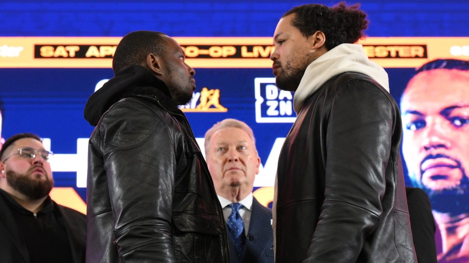 MANCHESTER, ENGLAND - FEBRUARY 10: Dillian Whyte (L) goes head to head with Joe Joyce (R) as Promoter Frank Warren (C) looks on during the Queensberry Show Announcement Press Conference at Co-op Live on February 10, 2025 in Manchester, England. (Photo by Ben Roberts Photo/Getty Images)