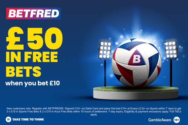 Betfred offer: £50 in free bets when you bet £10.  Illustration of soccer ball under stadium lights.