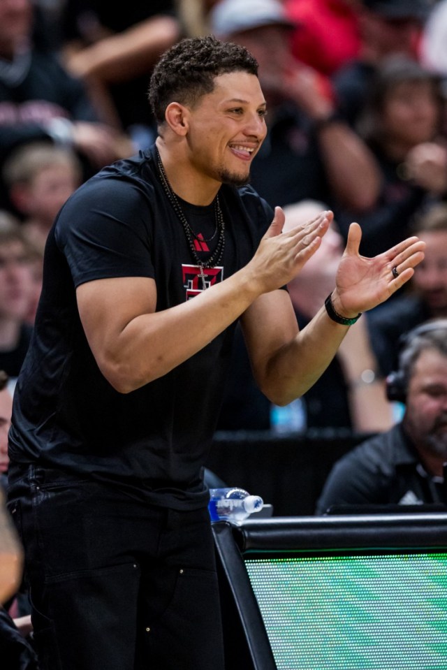 LUBBOCK, TEXAS - FEBRUARY 24: Patrick Mahomes cheers on during the first half of the game between the Houston Cougars and the Texas Tech Red Raiders at United Supermarkets Arena on February 24, 2025 in Lubbock, Texas. (Photo by John E. Moore III/Getty Images)