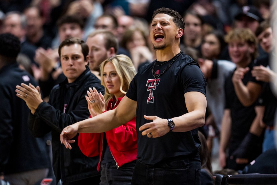 LUBBOCK, TEXAS - FEBRUARY 24: Patrick Mahomes pumps up the crowd during the second half of the game between the Houston Cougars and the Texas Tech Red Raiders at United Supermarkets Arena on February 24, 2025 in Lubbock, Texas. (Photo by John E. Moore III/Getty Images)