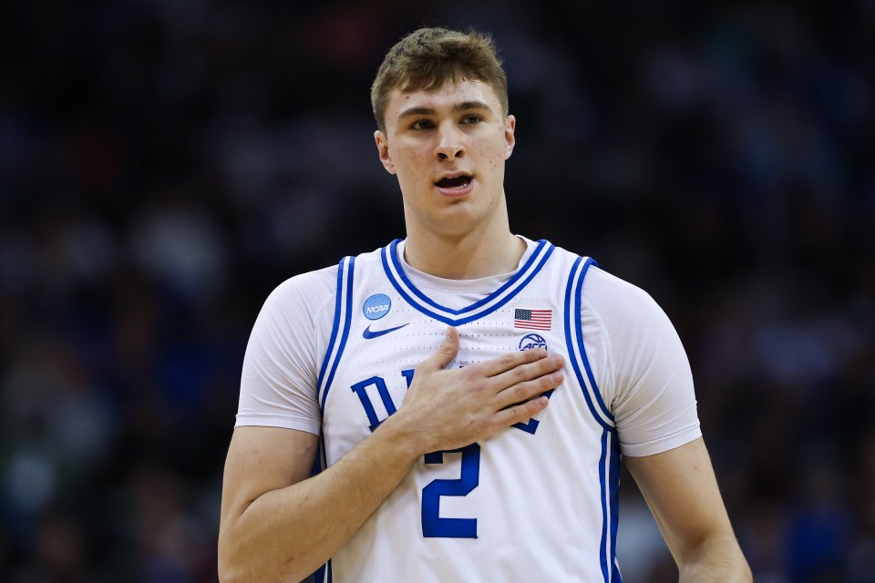 NEWARK, NEW JERSEY - MARCH 27: Cooper Flagg #2 of the Duke Blue Devils reacts against the Arizona Wildcats in the East Regional Sweet Sixteen round of the NCAA Men's Basketball Tournament at Prudential Center on March 27, 2025 in Newark, New Jersey. (Photo by Patrick Smith/Getty Images)