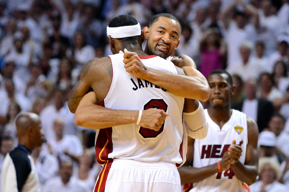 MIAMI, FL - JUNE 21:  Juwan Howard #5 of the Miami Heat celebrates with LeBron James #6 late in the fourth quarter against the Oklahoma City Thunder in Game Five of the 2012 NBA Finals on June 21, 2012 at American Airlines Arena in Miami, Florida. NOTE TO USER: User expressly acknowledges and agrees that, by downloading and or using this photograph, User is consenting to the terms and conditions of the Getty Images License Agreement.  (Photo by Ronald Martinez/Getty Images)