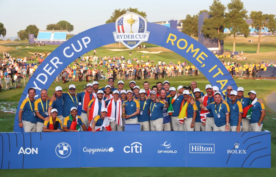 ROME, ITALY - OCTOBER 01:  Luke Donald, Captain of Team Europe, lifts the Ryder Cup trophy following victory with 16 and a half to 11 and a half win during the 2023 Ryder Cup at Marco Simone Golf Club on October 01, 2023 in Rome, Italy. (Photo by Andrew Redington/Getty Images)