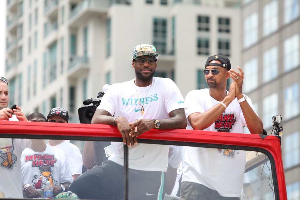 MIAMI, FL - JUNE 24: LeBron James #6 and Juwan Howard of the Miami Heat look on during the NBA championship parade through downtown on June 24, 2013 in Miami, Florida. NOTE TO USER: User expressly acknowledges and agrees that, by downloading and or using this photograph, User is consenting to the terms and conditions of the Getty Images License Agreement. Mandatory Copyright Notice: Copyright 2013 NBAE (Photo by David Alvarez/NBAE via Getty Images)