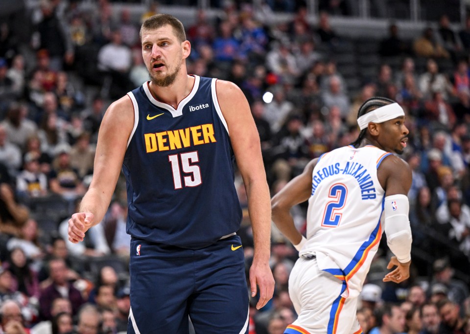 DENVER, CO - NOVEMBER 6: Nikola Jokic (15) of the Denver Nuggets reacts after giving up a bucket to Shai Gilgeous-Alexander (2) of the Oklahoma City Thunder during the first quarter at Ball Arena in Denver, Colorado on Wednesday, November 6, 2024. (Photo by AAron Ontiveroz/The Denver Post)