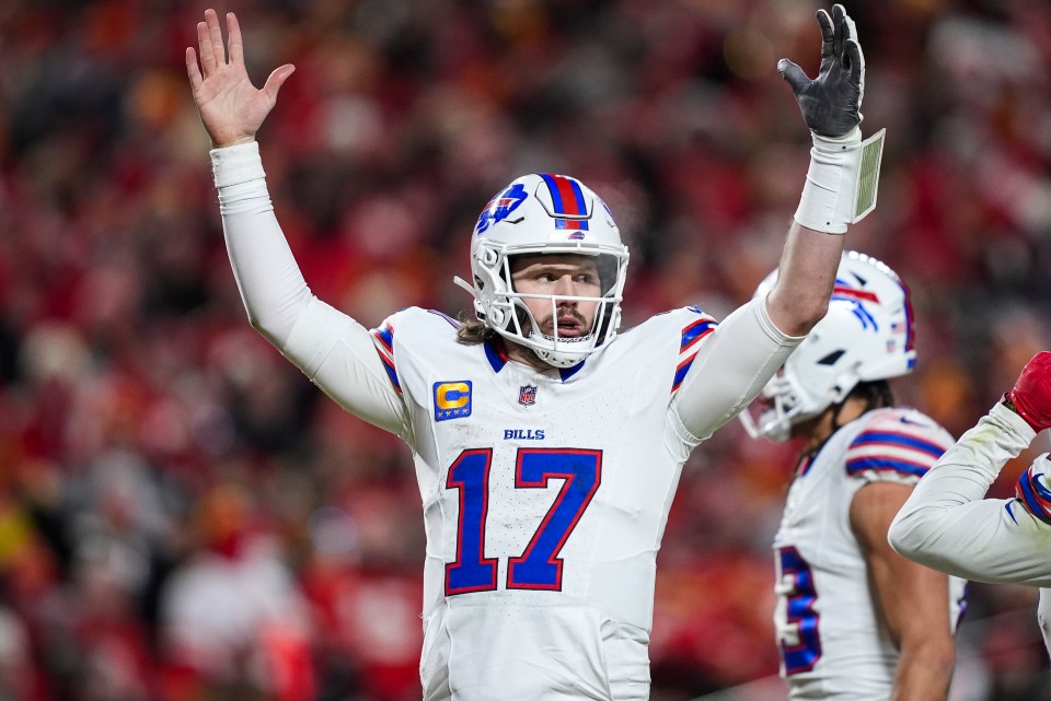 KANSAS CITY, MISSOURI - JANUARY 26: Josh Allen #17 of the Buffalo Bills celebrates during the AFC Championship NFL football game against the Kansas City Chiefs at GEHA Field at Arrowhead Stadium on January 26, 2025 in Kansas City, Missouri. (Photo by Perry Knotts/Getty Images)