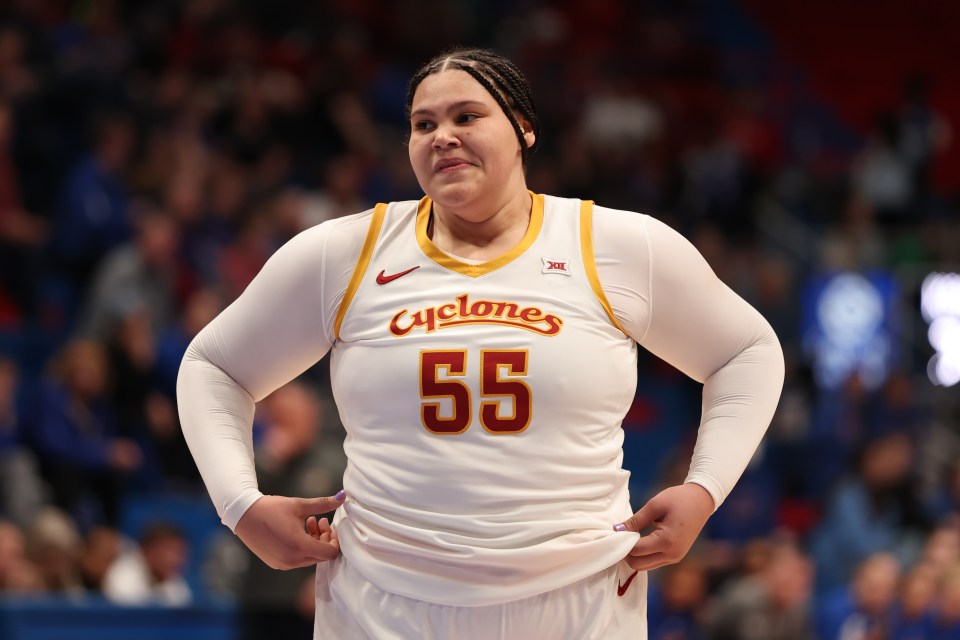 LAWRENCE, KS - FEBRUARY 15: Iowa State Cyclones center Audi Crooks (55) in the third quarter of a Big 12 women's basketball game between the Iowa State Cyclones and Kansas Jayhawks on February 15, 2025 at Allen Fieldhouse in Lawrence, KS. (Photo by Scott Winters/Icon Sportswire via Getty Images)