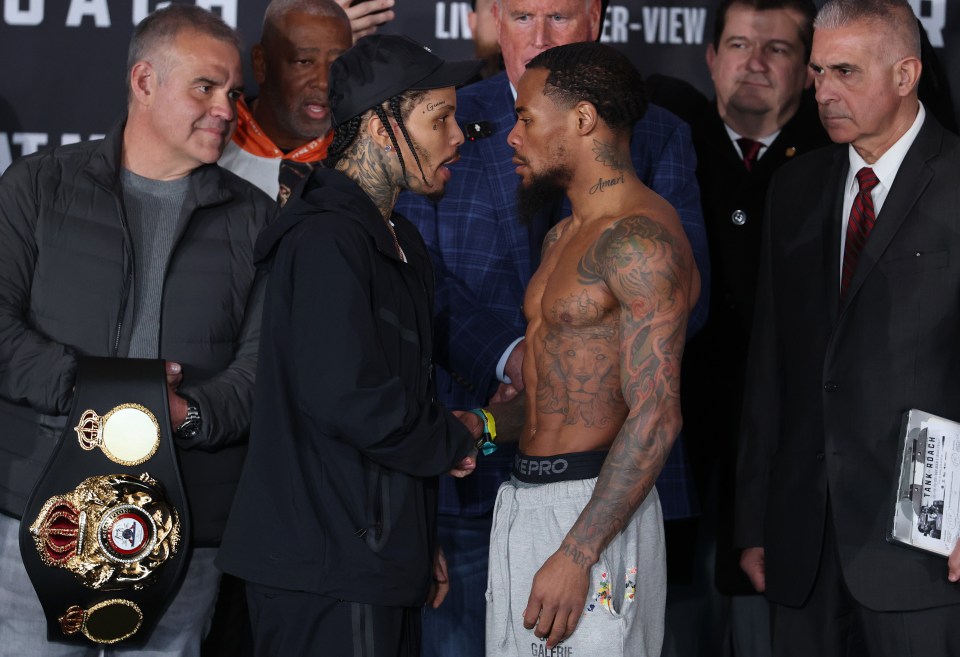 NEW YORK, NEW YORK - FEBRUARY 28: Gervonta Davis and Lamont Roach Jr. shake hands at the weigh in for their WBA lightweight title bout at Barclays Center on February 28, 2025 in New York City. (Photo by Al Bello/Getty Images)