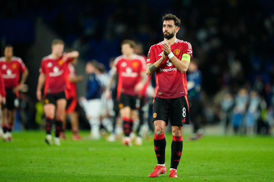 Bruno Fernandes attacking midfield of Manchester United and Portugal after the UEFA Europa League 2024/25 Round of 16 First Leg match between Real Sociedad de Futbol and Manchester United at Reale Arena on March 6, 2025 in San Sebastian, Spain. (Photo by Jose Breton/Pics Action/NurPhoto via Getty Images)