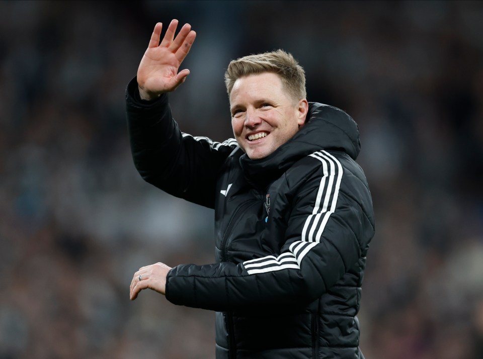 LONDON, ENGLAND - MARCH 16: Eddie Howe, Manager of Newcastle United celebrates after winning the Carabao Cup Final between Liverpool and Newcastle United at Wembley Stadium on March 16, 2025 in London, England. (Photo by Nigel French/Sportsphoto/Allstar via Getty Images)