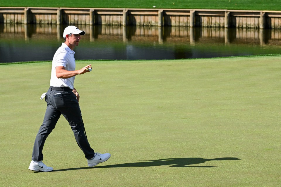 PONTE VEDRA BEACH, FLORIDA - MARCH 14: Rory McIlroy of Northern Ireland reacts after making a birdie on the 18th hole during the second round of THE PLAYERS Championship 2025 at TPC Sawgrass on March 14, 2025 in Ponte Vedra Beach, Florida. (Photo by Tracy Wilcox/PGA TOUR via Getty Images)