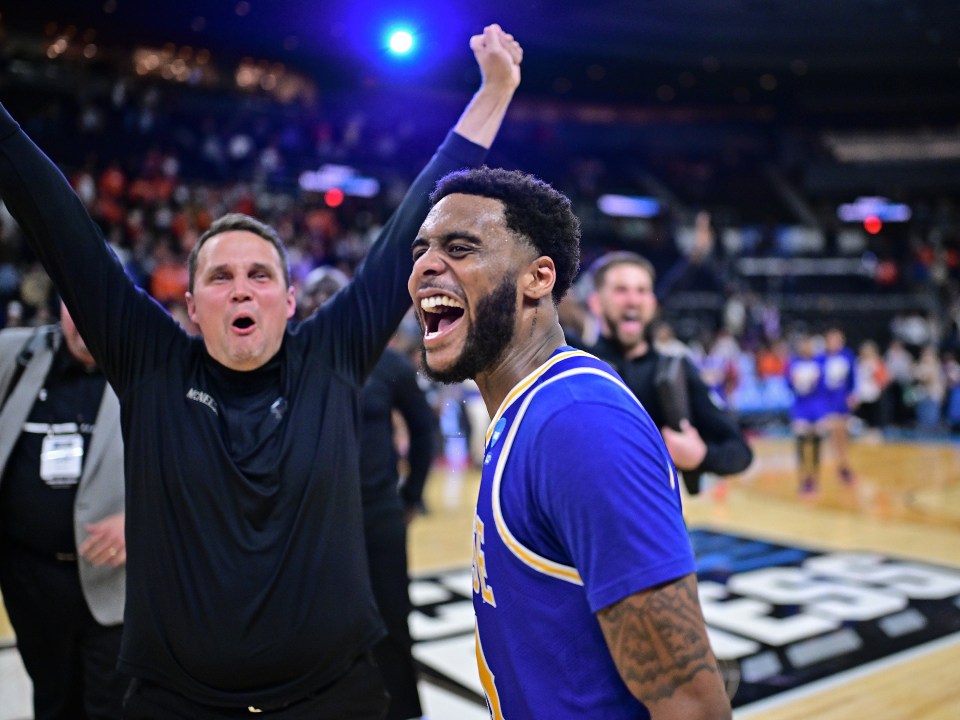PROVIDENCE, RHODE ISLAND - MARCH 20: Will Wade, head coach of the McNeese Cowboys, and Brandon Murray #23 celebrate their win over the Clemson University Tigers during the first round of the 2025 NCAA Men's Basketball Tournament held at Amica Mutual Pavillion on March 20, 2025 in Providence, Rhode Island. (Photo by Ben Solomon/NCAA Photos via Getty Images)