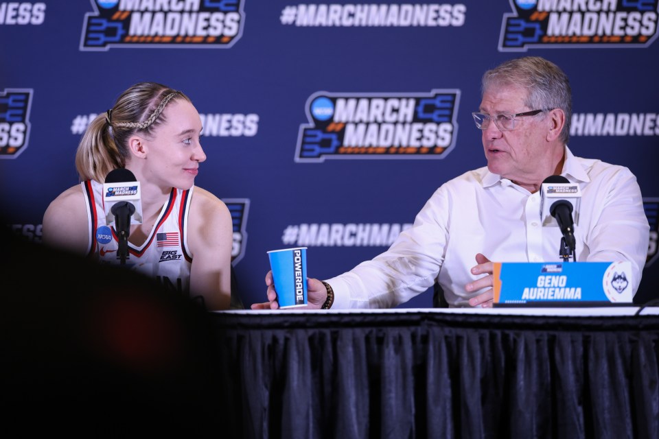 STORRS, CONNECTICUT - MARCH 24: Paige Bueckers #5 of the UConn Huskies and Head Coach Gene Auriemma speak to the media following the Huskies 91-57 win over the South Dakota State Jackrabbits in the Second Round of the 2025 NCAA Women's Basketball Tournament held at Harry A. Gampel Pavilion on March 24, 2025 in Storrs, Connecticut. (Photo by Daniel Passapera/NCAA Photos via Getty Images)