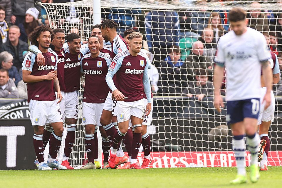 PRESTON, ENGLAND - MARCH 30: Marcus Rashford of Aston Villa celebrates after scoring a goal to make it 0-2 during the Emirates FA Cup Quarter Final match between Preston North End and Aston Villa at Deepdale on March 30, 2025 in Preston, England. (Photo by Robbie Jay Barratt - AMA/Getty Images)