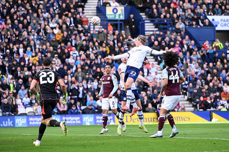PRESTON, ENGLAND - MARCH 30: Stefan Teitur Thordarson of Preston North End heads the ball wide of the goal during the Emirates FA Cup Quarter Final match between Preston North End and Aston Villa at Deepdale on March 30, 2025 in Preston, England. (Photo by Stu Forster/Getty Images)