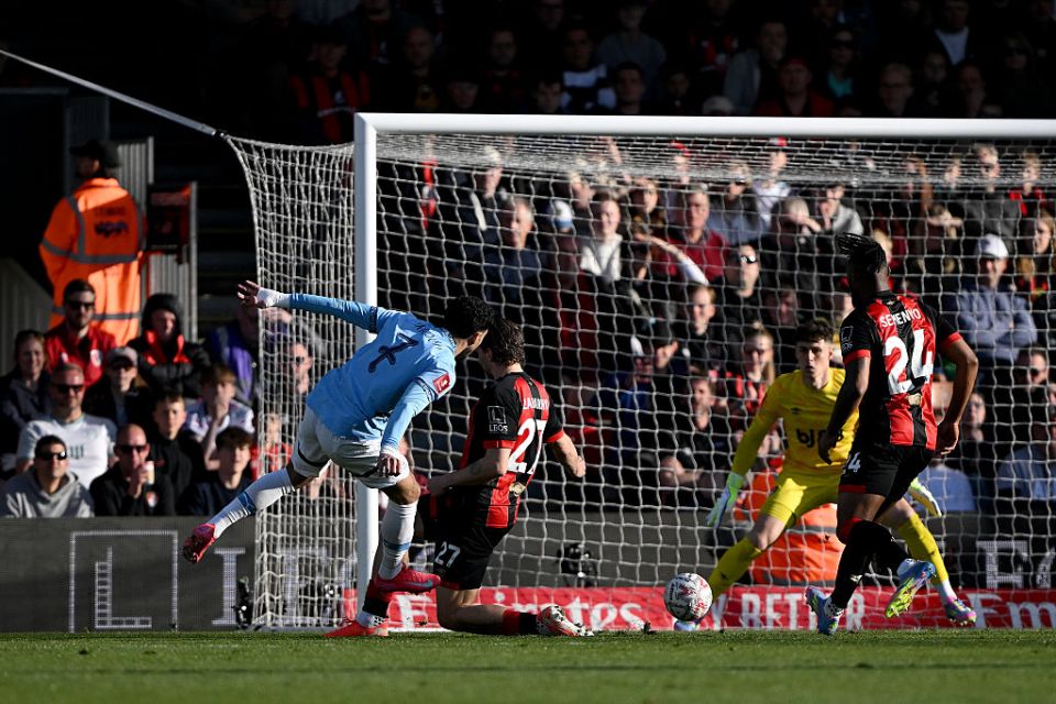 BOURNEMOUTH, ENGLAND - MARCH 30: Kepa Arrizabalaga of AFC Bournemouth fails to make a save as Omar Marmoush of Manchester City scores his team's second goal during the Emirates FA Cup Quarter Final match between AFC Bournemouth and Manchester City at Vitality Stadium on March 30, 2025 in Bournemouth, England. (Photo by Mike Hewitt/Getty Images)
