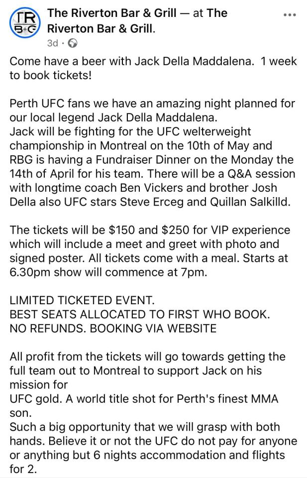 The fundraising hosts said the UFC only pay for two people to get there and back