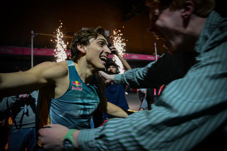 Duplantis celebrates what was his 11th new world record set in the last five years in the pole vault