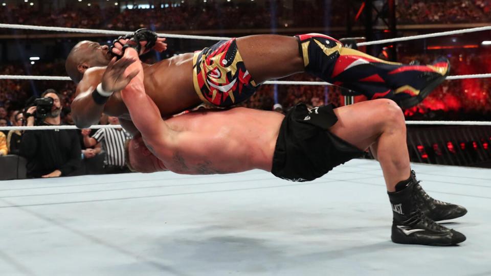 Lesnar turned on his real-life buddy and nailed him with a gnarly looking German Suplex