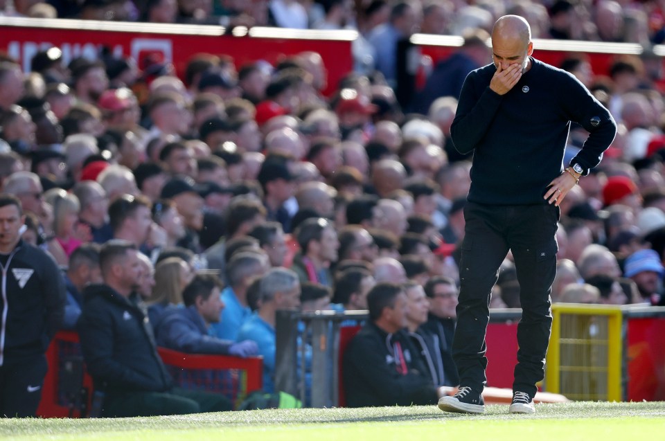 MANCHESTER, ENGLAND - APRIL 6: Pep Guardiola, Manager of Manchester City looks dejected on the side line during the Premier League match between Manchester United FC and Manchester City FC at Old Trafford on April 6, 2025 in Manchester, England. (Photo by Ed Sykes/Sportsphoto/Allstar via Getty Images)