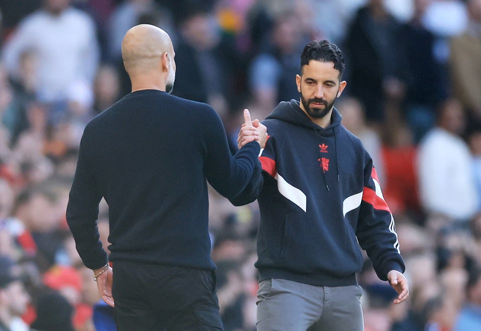 MANCHESTER, ENGLAND - APRIL 06: Ruben Amorim, Manager of Manchester United, embraces with Pep Guardiola, Manager of Manchester City, after the Premier League match between Manchester United FC and Manchester City FC at Old Trafford on April 06, 2025 in Manchester, England. (Photo by Carl Recine/Getty Images)