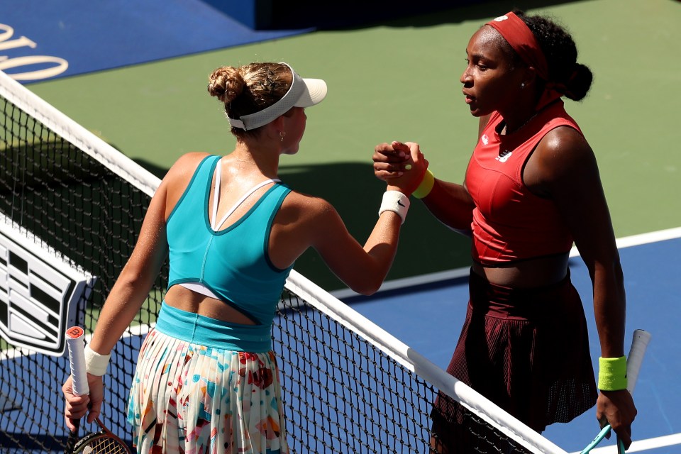 NEW YORK, NEW YORK - AUGUST 30:  Coco Gauff of the United States (R) shakes hands with Mirra Andreeva after defeating her during their Women's Singles Second Round match on Day Three of the 2023 US Open at the USTA Billie Jean King National Tennis Center on August 30, 2023 in the Flushing neighborhood of the Queens borough of New York City. (Photo by Clive Brunskill/Getty Images)