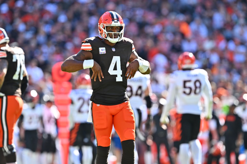 CLEVELAND, OHIO - OCTOBER 20: Deshaun Watson #4 of the Cleveland Browns looks on during the second quarter of a game against the Cincinnati Bengals at Huntington Bank Field on October 20, 2024 in Cleveland, Ohio. (Photo by Jason Miller/Getty Images)