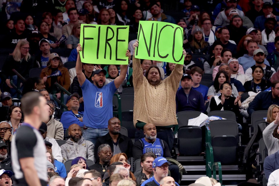 DALLAS, TEXAS - FEBRUARY 10: Dallas Mavericks fans hold up a sign referring to Mavs general manager Nico Harrison during the game against the Sacramento Kings at American Airlines Center on February 10, 2025 in Dallas, Texas. NOTE TO USER: User expressly acknowledges and agrees that, by downloading and or using this photograph, User is consenting to the terms and conditions of the Getty Images License Agreement. (Photo by Tim Heitman/Getty Images)