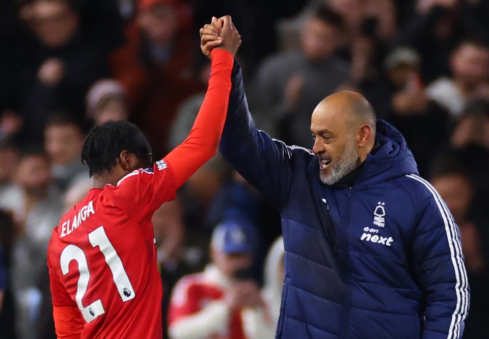 NOTTINGHAM, ENGLAND - APRIL 1: Anthony Elanga celebrates with Nuno Espirito Santo the head coach / manager of Nottingham Forest during the Premier League match between Nottingham Forest FC and Manchester United FC at City Ground on April 1, 2025 in Nottingham, England. (Photo by Marc Atkins/Getty Images)