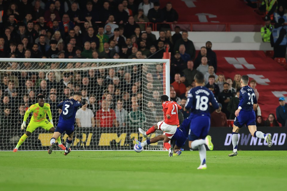 NOTTINGHAM, ENGLAND - APRIL 01: Anthony Elanga of Nottingham Forest scores his team's first goal during the Premier League match between Nottingham Forest FC and Manchester United FC at City Ground on April 01, 2025 in Nottingham, England. (Photo by Carl Recine/Getty Images)