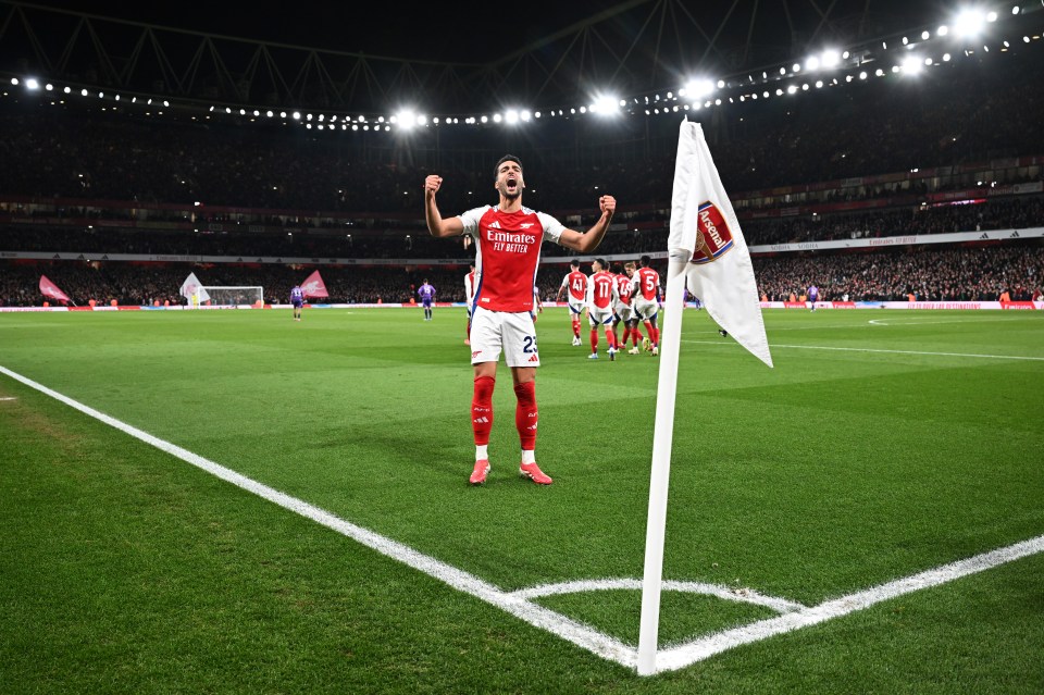 LONDON, ENGLAND - APRIL 01: Mikel Merino of Arsenal celebrates scoring his team's first goal during the Premier League match between Arsenal FC and Fulham FC at Emirates Stadium on April 01, 2025 in London, England. (Photo by Stuart MacFarlane/Arsenal FC via Getty Images)