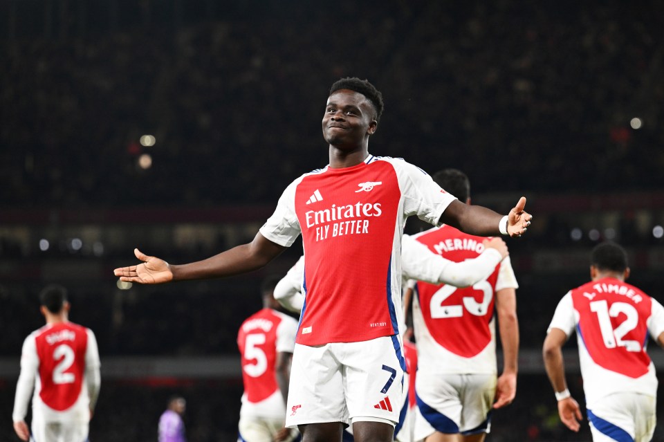 LONDON, ENGLAND - APRIL 01: Bukayo Saka of Arsenal celebrates scoring his team's second goal during the Premier League match between Arsenal FC and Fulham FC at Emirates Stadium on April 01, 2025 in London, England. (Photo by Stuart MacFarlane/Arsenal FC via Getty Images)