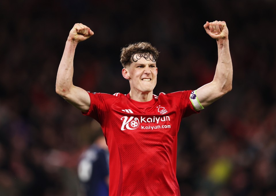 NOTTINGHAM, ENGLAND - APRIL 01: Ryan Yates of Nottingham Forest celebrates following the Premier League match between Nottingham Forest FC and Manchester United FC at City Ground on April 01, 2025 in Nottingham, England. (Photo by Cameron Smith - Danehouse/Getty Images)