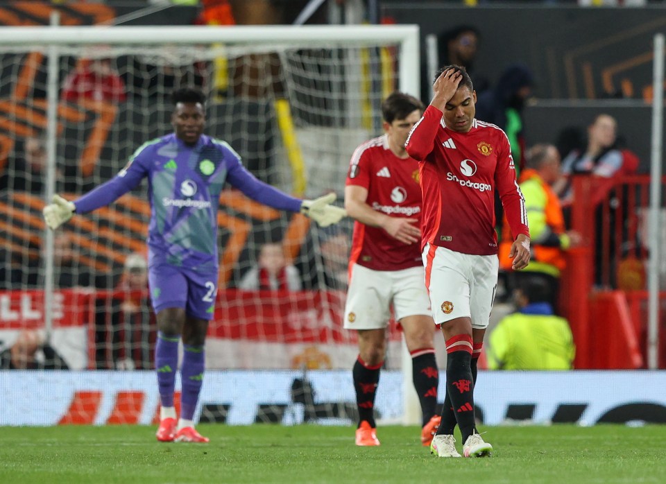 MANCHESTER, ENGLAND - APRIL 17: Manchester United's Casemiro reacts after conceding a third goal during the UEFA Europa League 2024/25 Quarter Final Second Leg match between Manchester United and Olympique Lyonnais at Old Trafford on April 17, 2025 in Manchester, England. (Photo by Alex Dodd - CameraSport via Getty Images)