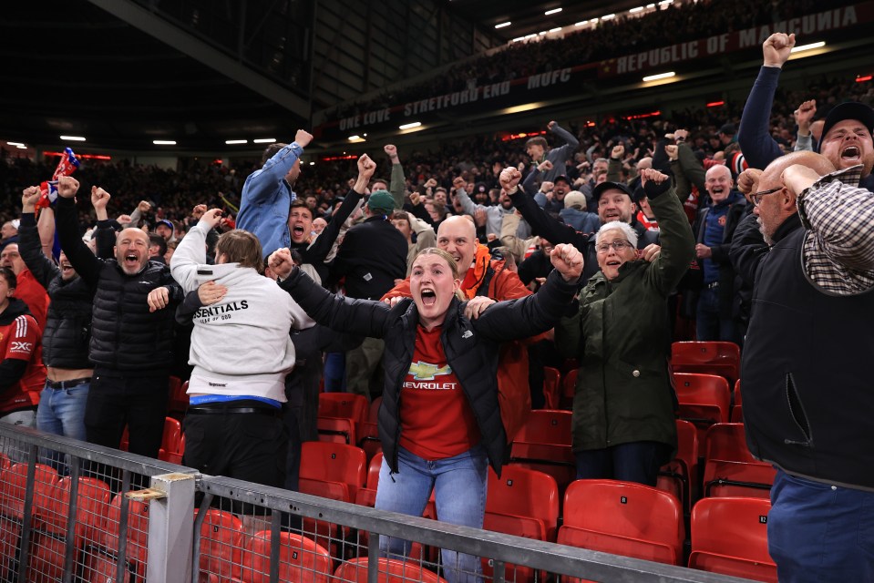 MANCHESTER, ENGLAND - APRIL 17: Manchester United fans celebrate a dramatic victory during the UEFA Europa League 2024/25 Quarter Final Second Leg match between Manchester United and Olympique Lyonnais at Old Trafford on April 17, 2025 in Manchester, England. (Photo by Simon Stacpoole/Offside/Offside via Getty Images)