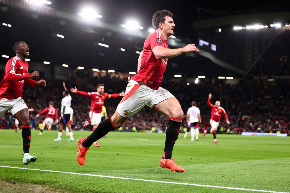 MANCHESTER, ENGLAND - APRIL 17: Harry Maguire of Manchester United  celebrates after scoring a goal to make it 5-4  during the UEFA Europa League 2024/25 Quarter Final Second Leg match between Manchester United and Olympique Lyonnais at Old Trafford on April 17, 2025 in Manchester, England. (Photo by Robbie Jay Barratt - AMA/Getty Images)
