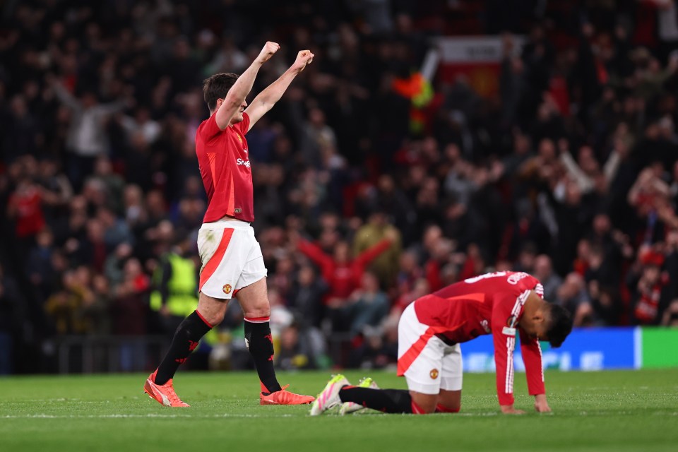 MANCHESTER, ENGLAND - APRIL 17: Harry Maguire of Manchester United  celebrates at full time during the UEFA Europa League 2024/25 Quarter Final Second Leg match between Manchester United and Olympique Lyonnais at Old Trafford on April 17, 2025 in Manchester, England. (Photo by Robbie Jay Barratt - AMA/Getty Images)