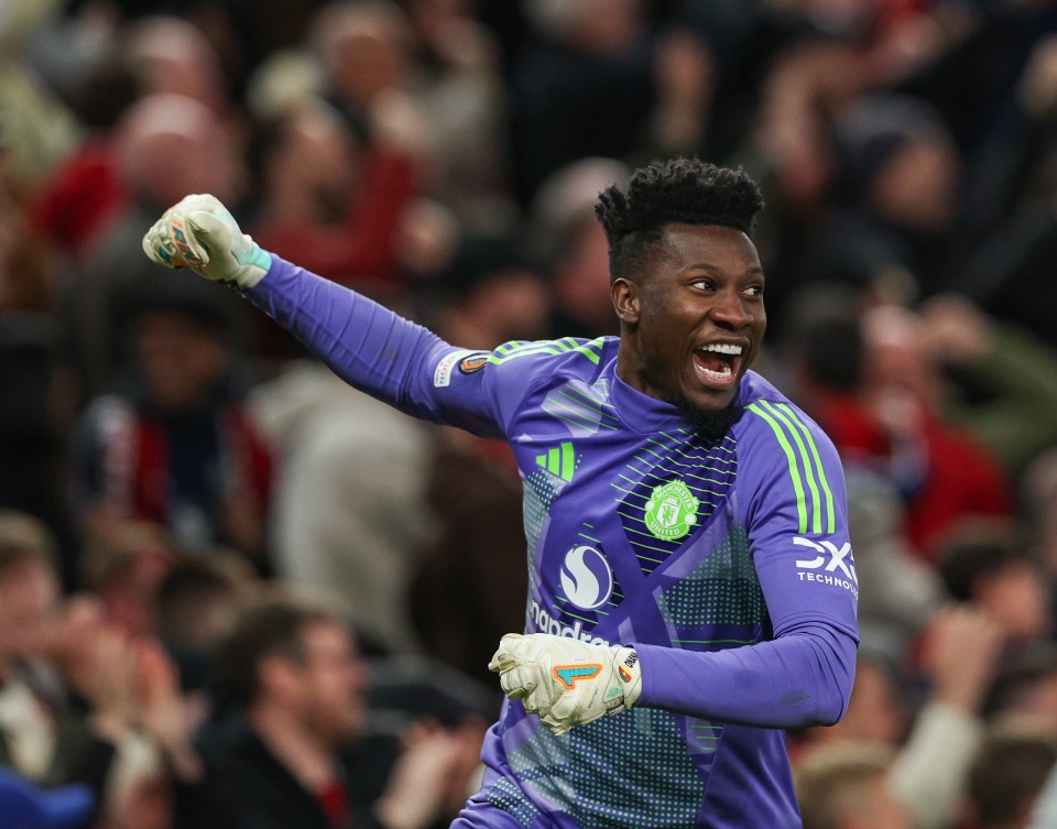 MANCHESTER, ENGLAND - APRIL 17: Manchester United's Andre Onana celebrates his side's fifth goal during the UEFA Europa League 2024/25 Quarter Final Second Leg match between Manchester United and Olympique Lyonnais at Old Trafford on April 17, 2025 in Manchester, England. (Photo by Alex Dodd - CameraSport via Getty Images)