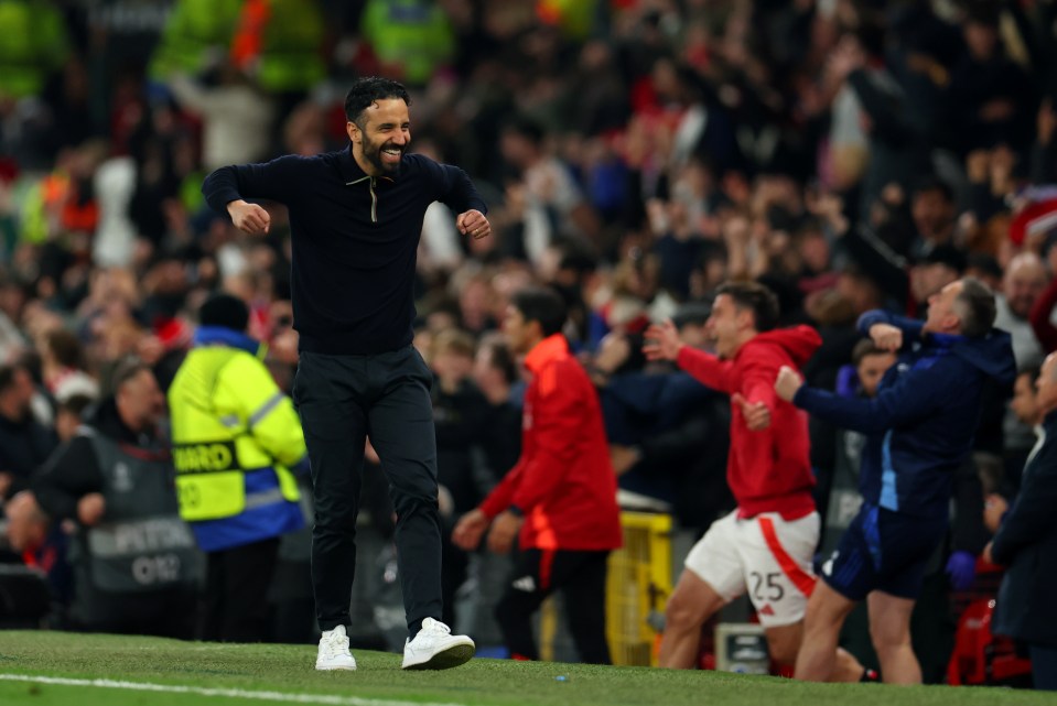 MANCHESTER, ENGLAND - APRIL 17: Ruben Amorim, Manager of Manchester United celebrates after Harry Maguire scores his teams fifth goal during the UEFA Europa League 2024/25 Quarter Final Second Leg match between Manchester United and Olympique Lyonnais at Old Trafford on April 17, 2025 in Manchester, England. (Photo by Molly Darlington/Copa/Getty Images)