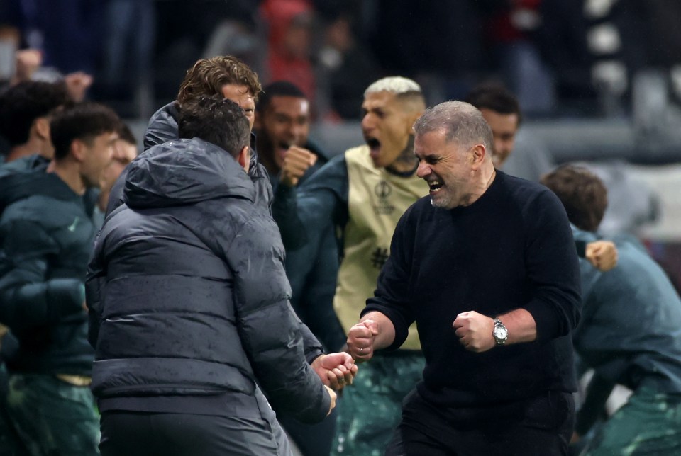FRANKFURT AM MAIN, GERMANY - APRIL 17: Ange Postecoglou, Manager of Tottenham Hotspur, celebrates victory after the UEFA Europa League 2024/25 Quarter Final Second Leg match between Eintracht Frankfurt and Tottenham Hotspur at Deutsche Bank Park on April 17, 2025 in Frankfurt am Main, Germany. (Photo by Alex Grimm/Getty Images)