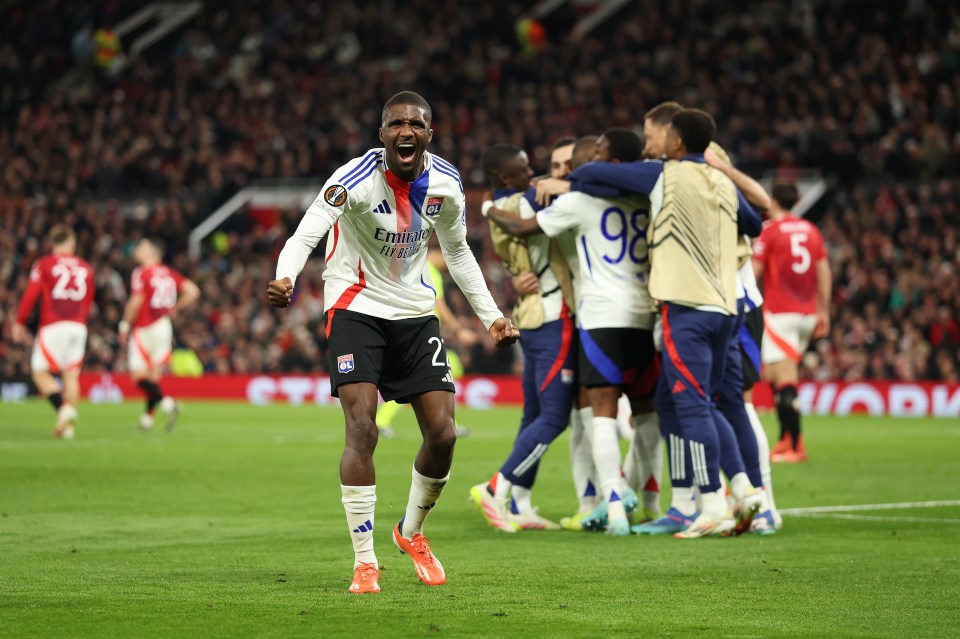MANCHESTER, ENGLAND - APRIL 17: Clinton Mata of Olympique Lyonnais celebrates after Rayan Cherki of Olympique Lyonnais (obscured) scores his team's third goal during the UEFA Europa League 2024/25 Quarter Final Second Leg match between Manchester United and Olympique Lyonnais at Old Trafford on April 17, 2025 in Manchester, England. (Photo by Carl Recine/Getty Images)