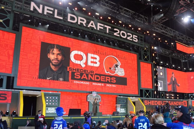 GREEN BAY, WISCONSIN - APRIL 26: A screen shows Colorado quarterback Shedeur Sanders' name after being selected by the Cleveland Browns with the 144th overall pick during the fifth round of the 2025 NFL Draft on April 26, 2025 in Green Bay, Wisconsin. (Photo by Perry Knotts/Getty Images)